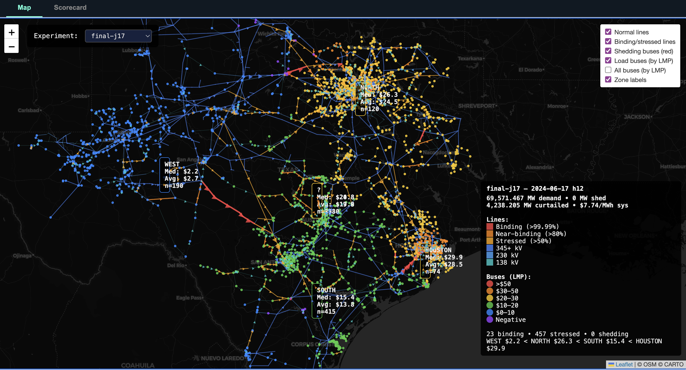 Map view of ERCOT topology with SCED branches, generators, and OpenStreetMap transmission lines overlaid.