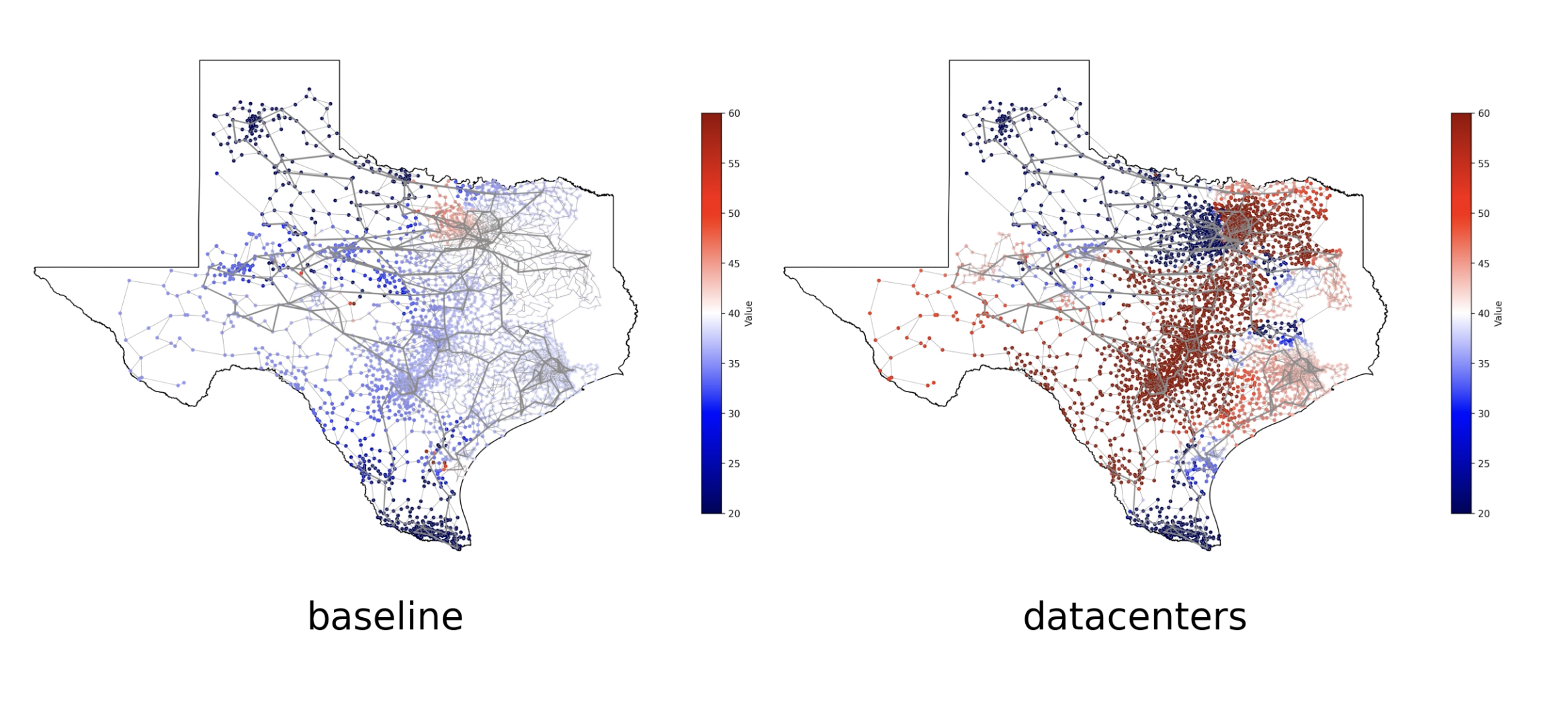 Nodal price map of the future Texas grid with and without data center load.