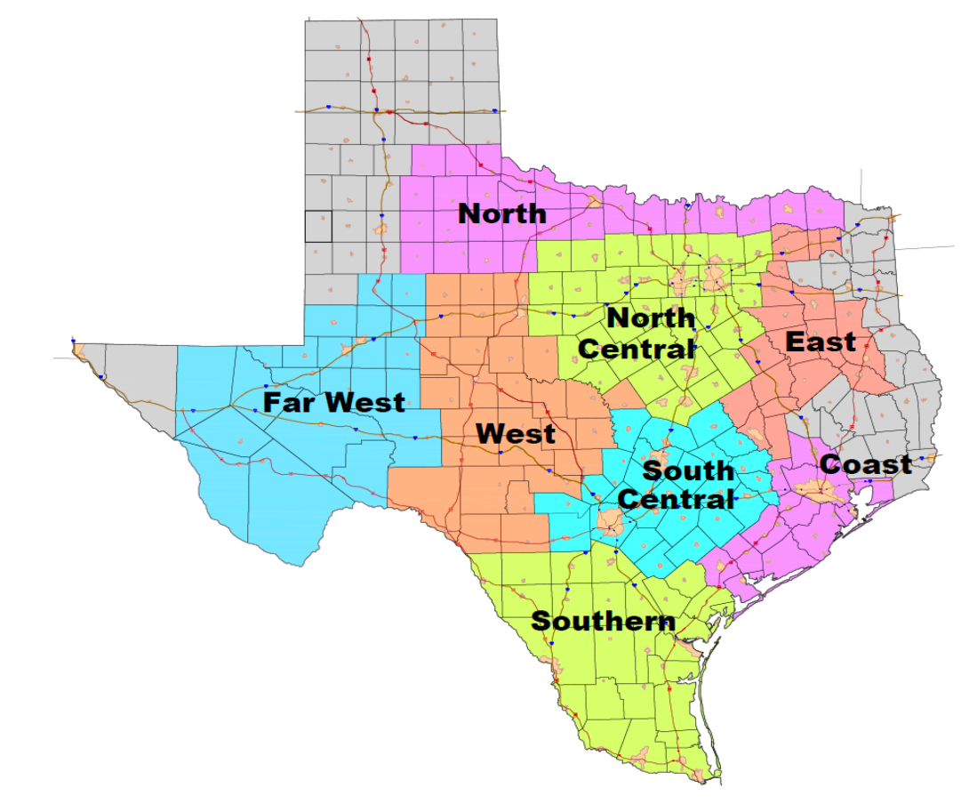 Eight weather zones in the Texas electricity system.