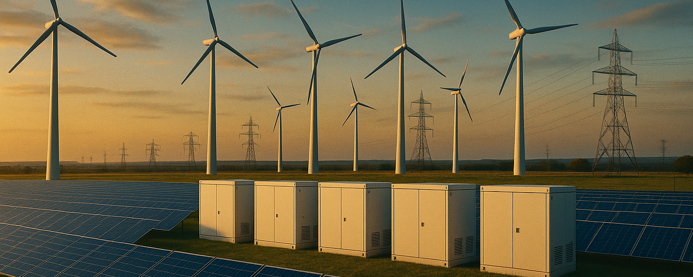 Solar panels, wind turbines, batteries, and transmission lines at sunset.
